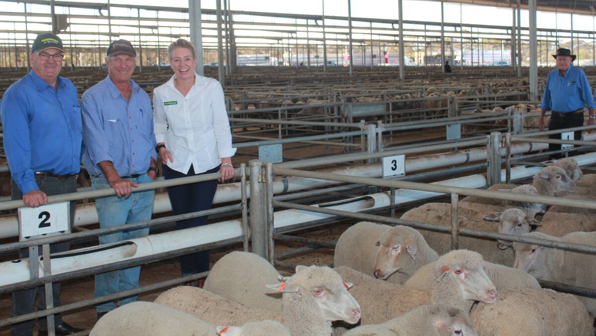 The Nationals candidate for O'Connor John Hassell (left), Katanning saleyards manager Rod Bushell and The Nationals deputy leader Bridget McKenzie after Ms McKenzie addressed a roundtable meeting of producers and agents at the yards.
