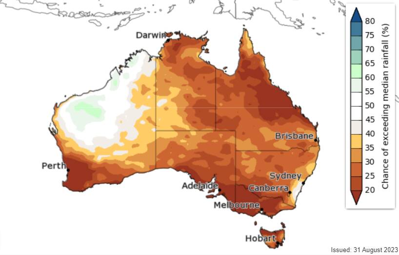 The BOM's three month rainfall map is grim viewing for farmers wanting rain. Source Bureau of Meteorology.