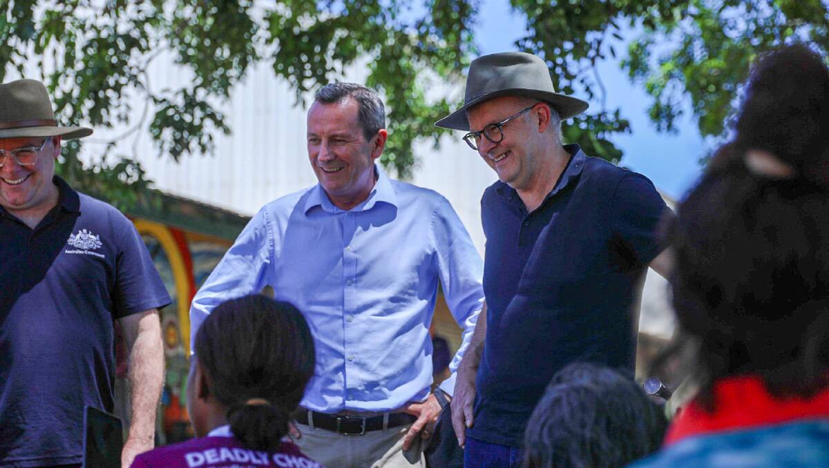 Premier Mark McGowan (left) with Prime Minister Anthony Albanese talking with concerned residents in the Kimberley.