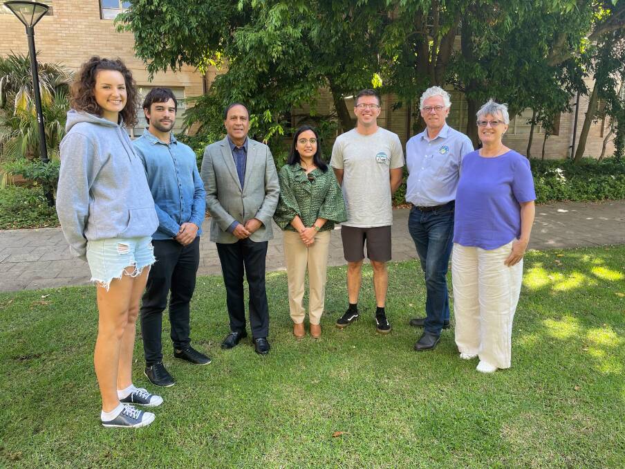 SW WA Hub bursary recipients Jane Brownlee (left), Emanuel Gomez, Garima (centre) and Dan Kierath, all from UWA, with UWA Institute of Agriculture director Kadambot Siddique, Hub monitoring, evaluation, learning and adoption officer Theo Nabben and Hub project manager Kellie-Jane Pritchard. Picture is supplied.
