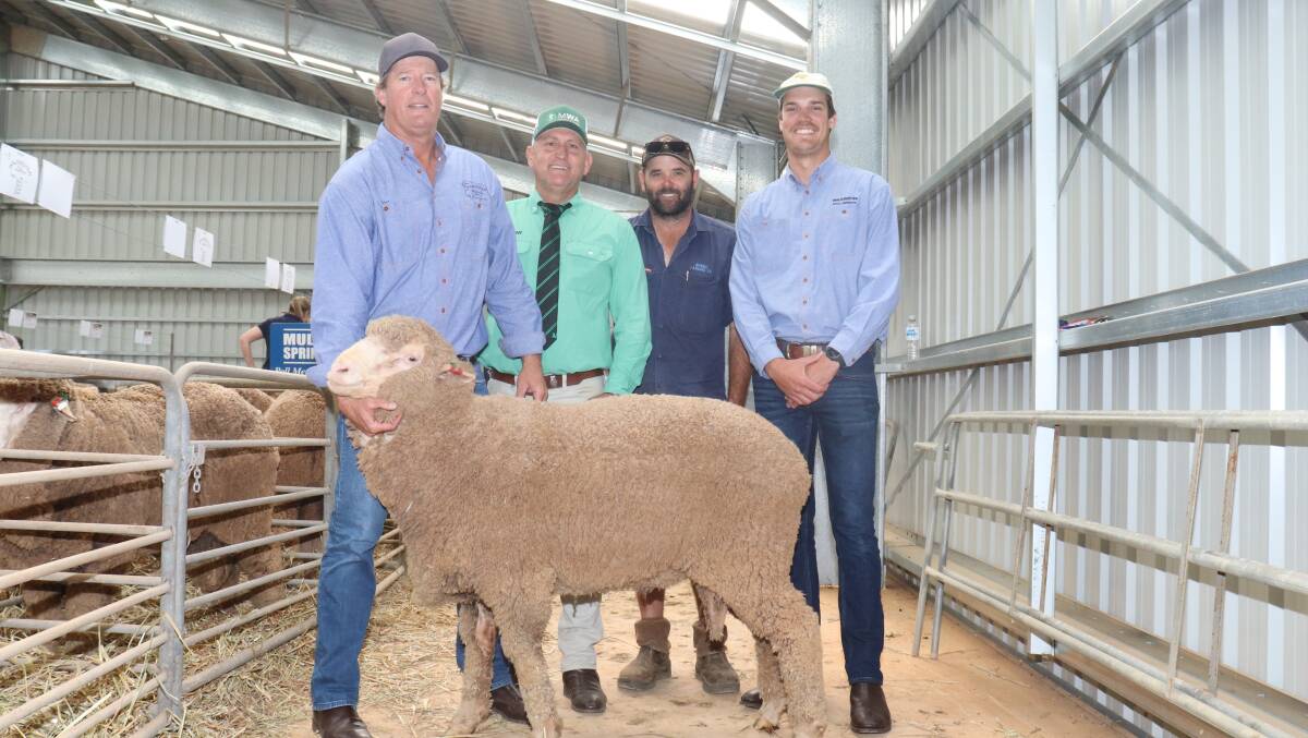  Achieving the sales second top price was a $1400 Walkindyer ram, offered by the Teakle family.
Holding the ram is Walkindyer stud-principal Nathan Teakle (left), Nutrien Livestock, Mid West agent Craig Walker, buyer Tren Suckling, Weeine Farming Co, Northampton and Callum Teakle, Walkindyer stud.
