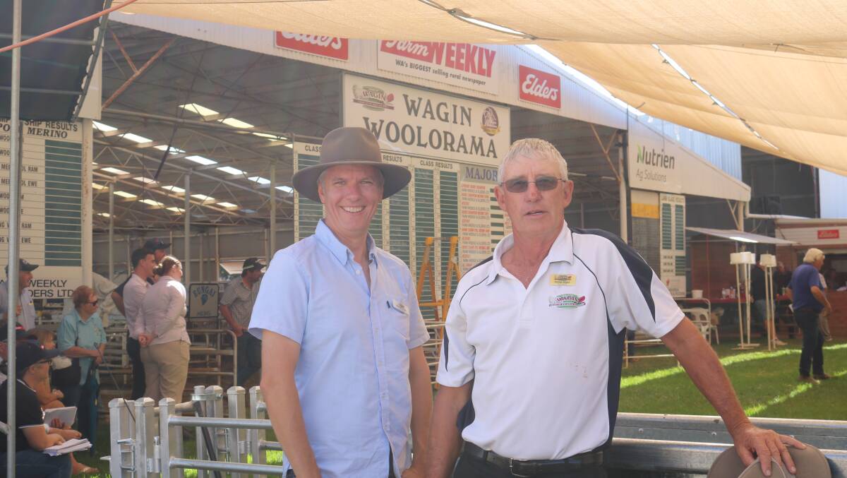 Shire of Wagin president Phillip Blight (right), with chief executive officer Ken Parker at this year's Wagin Woolorama, today released a statement regarding the planned banning of live sheep exports.