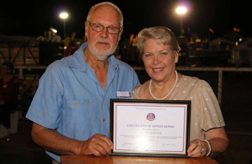 Wagin Woolorama president Paul Powell presented Wendy Pederick, Wagin, with the 2024 Woolorama appreciation award at the official opening.
Ms Pederick was head steward of the fruits and preserves section for 10 years from 1990 to 2000, trade fair secretary in 2001-2002, secretary from 2008 - 2014, and publicity officer from 2013 to 2017.
She also organised a media day at short notice in 2022 and compiled a digital montage celebrating 50 years of Woolorama in 2023.
Mr Powell said Ms Pedericks contribution was typified by a very professional approach with meticulous documenting, recording and archiving, along with a respectful and helpful mindset towards volunteers.
A clearly surprised Ms Pederick said she was part of a long list of people behind me and ahead of me.
I am just a little cog in the wheel of Woolorama, Ms Pederick said.
I have been a head steward, a livestock exhibitor (showing their Corralyn sheep with her husband Arthur), a volunteer and in paid roles and I have loved every minute of it.
Woolorama has really put Wagin on the map and I believe little towns need that something that gives them a point of difference.
Congratulations to the current staff for all your work too.