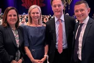 SunRice Group's global rice chief executive officer, Belinda Tumbers; company secretary, Kate Cooper, NSW Premier, Chris Minns, and SunRice corporate affairs head Anthony McFarlane, at the state export awards. Photo supplied.