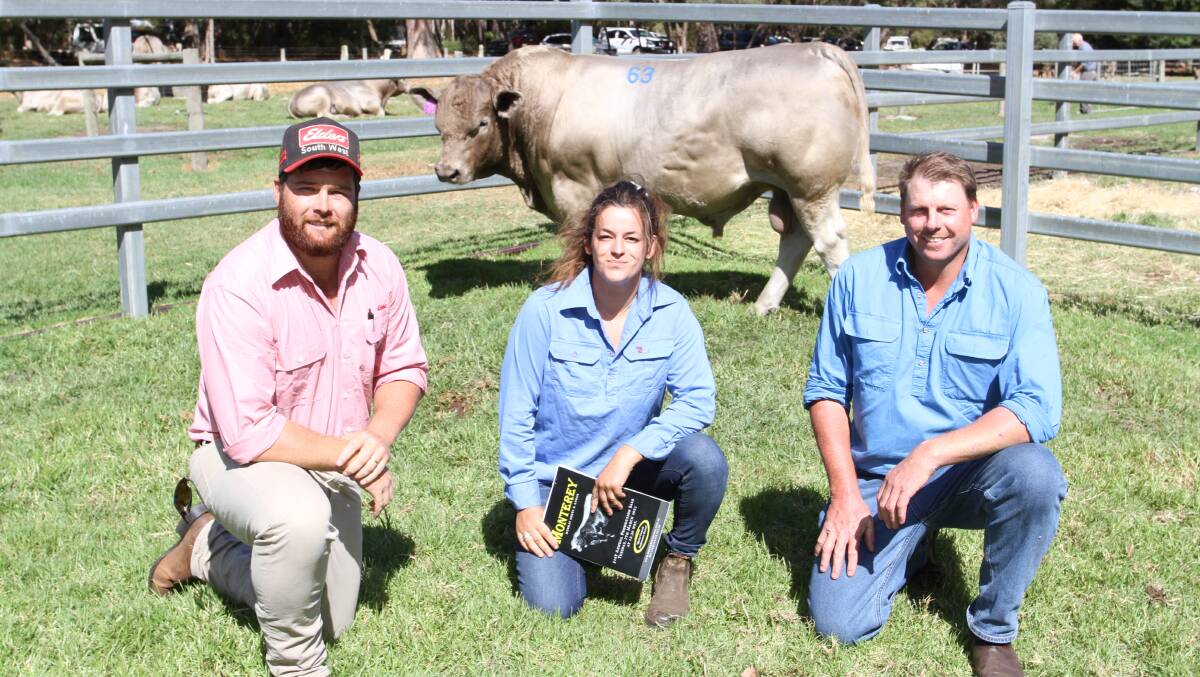 Elders, Margaret River representative Brendan Millar (left), with Charlotte Durin and Daryl Avery, BE & DC Avery, Scott River and the sales $18,500 third top-priced Murray Grey bull Monterey Sultan S35 (by Monterey Jagger J217).