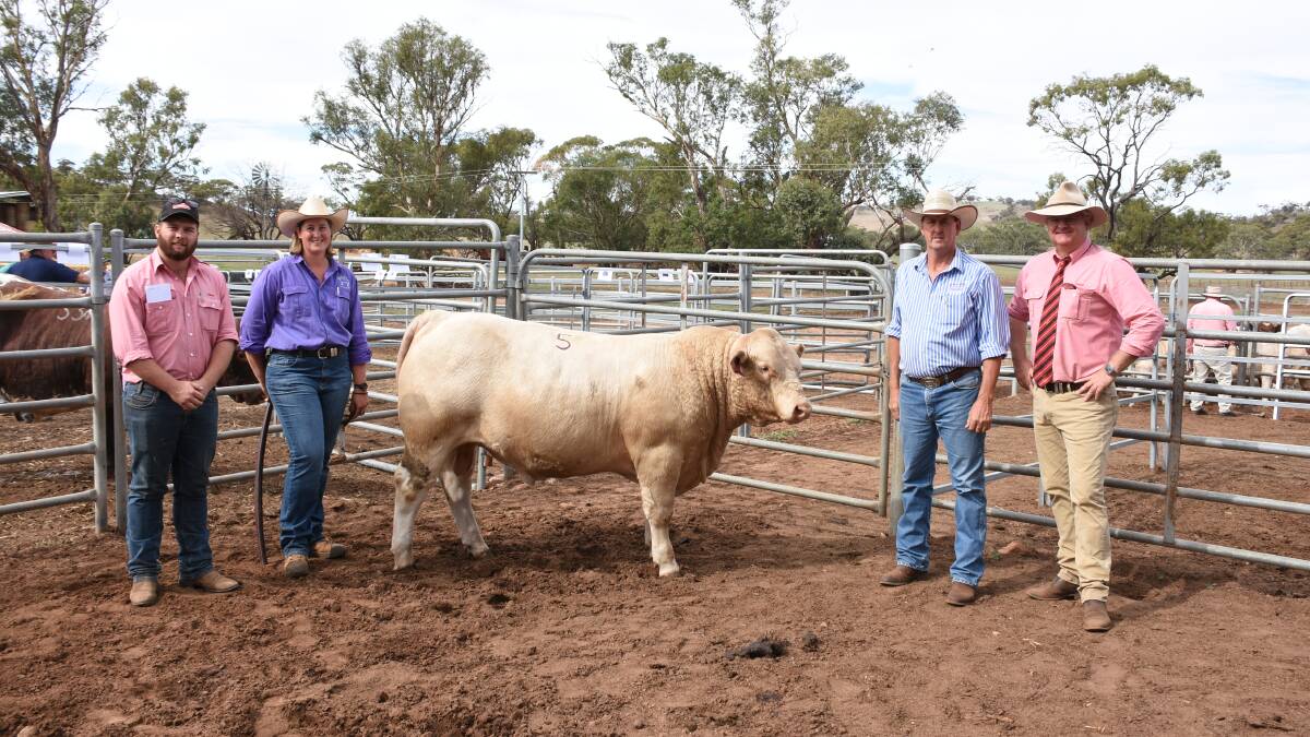 With the $9000 top-priced Charolais bull Liberty Ramblin Man R29 (P), purchased by BW & AE Garrat, Walkaway, at the Liberty Charolais and Shorthorn on-property yearling bull sale at Toodyay were Elders, Geraldton representative Brendan Millar (left), Liberty's Jess and Kevin Yost and Elders, Midland agent Geoff Shipp.