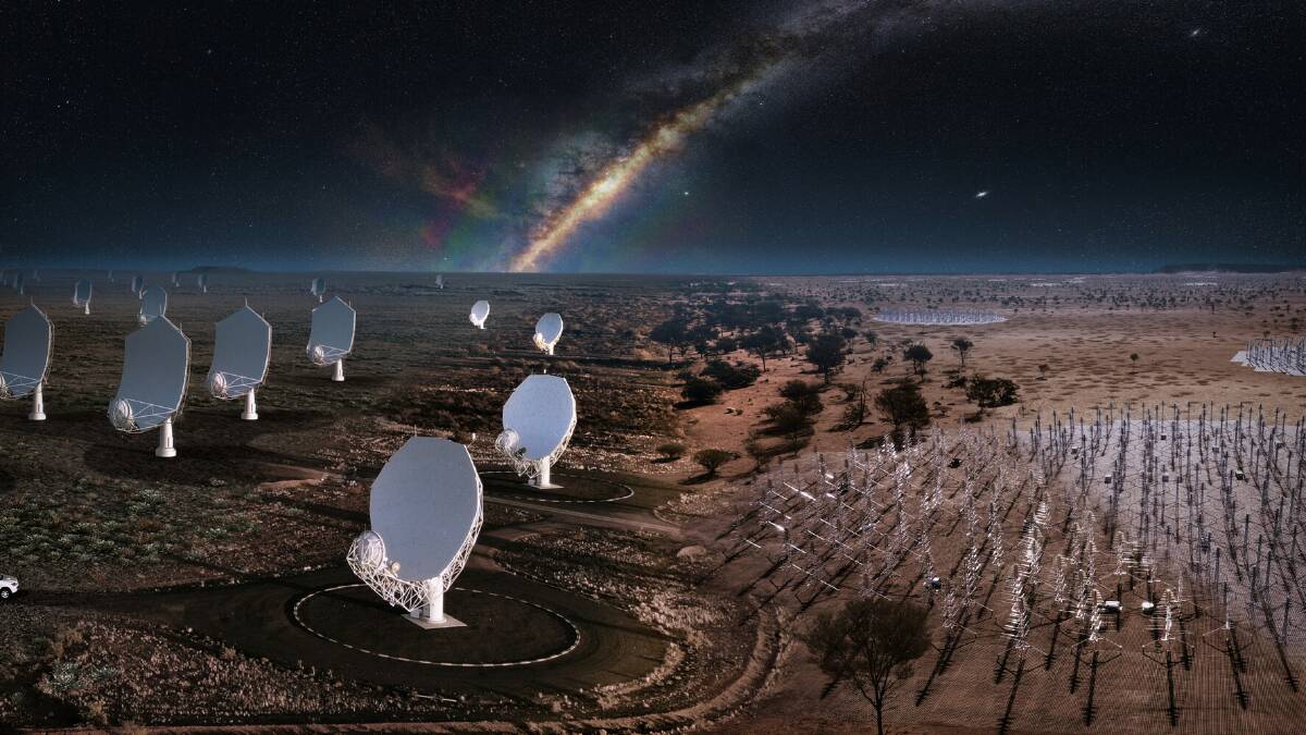 A composite image of the future SKA telescopes, blending what already exists on site with artists impressions. On the left part is an artists impression of the future SKA-Mid dishes blend into the existing precursor MeerKAT telescope dishes in South Africa. On the right is an impression of the future SKA-Low stations blends into the existing AAVS2.0 prototype station in Australia. Image by SKAO.