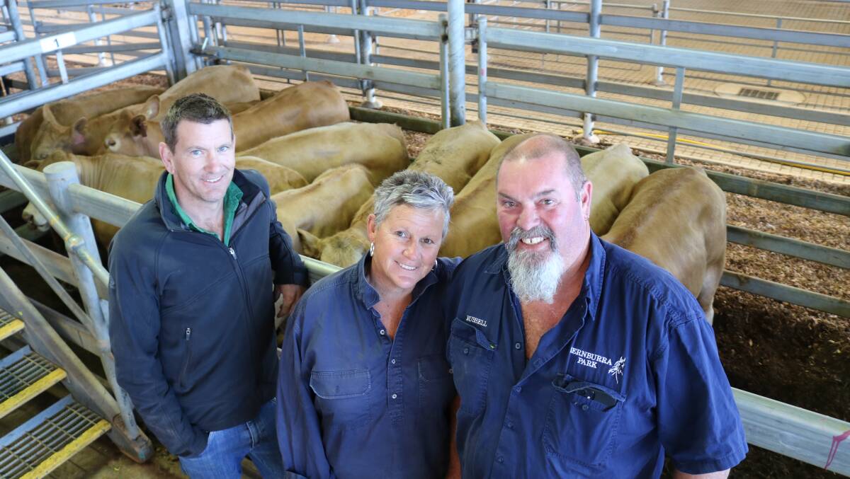 Nutrien Livestock, Great Western Livestock & Land agent Daniel Wood (left), with Wendy and Russell Clarke, Bernburra Farms, Donnybrook and their Charolais-Droughtmaster steers which topped the local steer offering at $2397, bought by Harvey Beef.