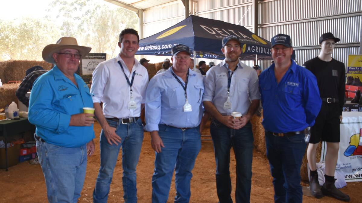 Gate 2 Plate Challenge president Wayne Mitchell (left), with Cattle Australia membership and sponsorship officer Sam Parish, Harvest Road livestock manager Damian Barsby, Harvest Road agribusiness manager Declan Keogh and Harvest Road livestock manager Jonathon Green. Mr Parish and Mr Keogh were both speakers during the field day.