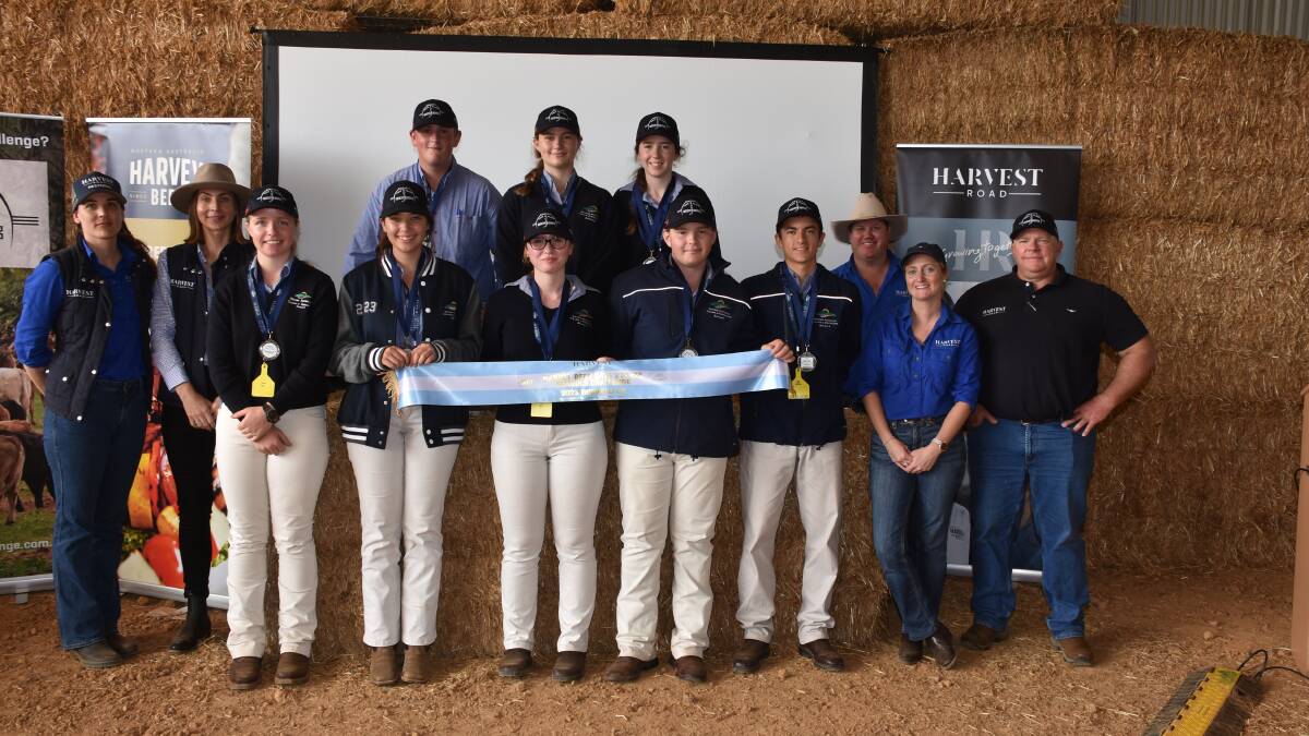 Taking out overall second place in the challenge was a team of students from the WA College of Agriculture, Denmark. The winning team of Bree Skinner (third left), Indianna Wilkinson, Aiden Goodall, Samantha Wimpering, Jade Erasmus, Ayla McMaster, William Reid and Jesse Oldfield, were congratulated by Harvest Road team members Taya Clarke (left), Catherine Handreck, Jono Green, Lara Simpkins and Damian Barsby.