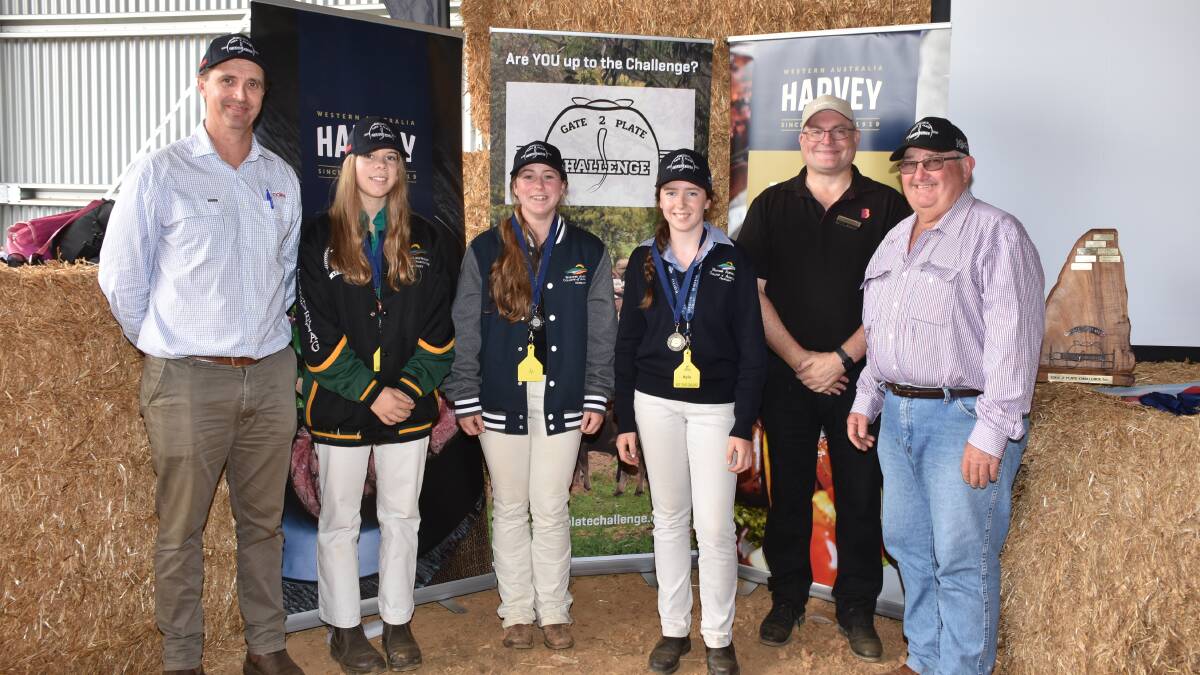 Taking out the top three places in the feeding and nutrition quiz were WA College of Agriculture students Tessa Clifton (second left), Harvey, who placed third, Dixie Wyatt, Denmark, second and Ayla McMaster, Denmark, first. They were congratulated on their results by Coles WA livestock manager Campbell Nettleton (left), Bendigo Bank Albany branch manager Gavin Boardley and Gate 2 Plate Challenge president Wayne Mitchell.