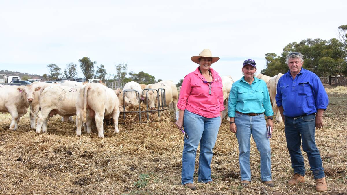 The volume buyer in the sale was Gabyon station, Yalgoo, with five Charolais bulls at an average of $4500. Discussing the station's purchases after the sale were Liberty co-principal Robin Yost (left) and Gabyon station's Gemma Cripps and Noel Boys. As the volume buyer in the sale Gabyon station also received a 500ml Mutlimin package from sale sponsor Virbac.