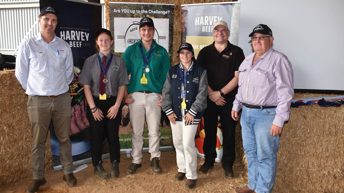 Placegetters in the stock handling challenge were third Natalie Bradford (second left), WA College of Agriculture, Denmark, second Koltyn Te Haara, WA College of Agriculture, Harvey and first, Anna Rowe, WA College of Agriculture, Denmark. They were congratulated by Coles WA livestock manager Campbell Nettleton (left), Bendigo Bank Albany branch manager Gavin Boardley and Gate 2 Plate Challenge president Wayne Mitchell.