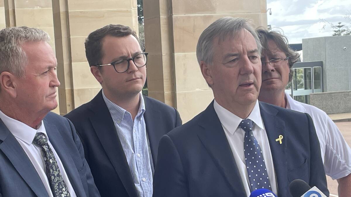 Opposition leader Shane Love (left), The Nationals WA candidate for Central Wheatbelt, Lachlan Hunter, Member for Roe, Peter Rundle and sheep producer James McLagan, Miling, respond to the Federal government's announcement today. Photo by Tamara Hooper.