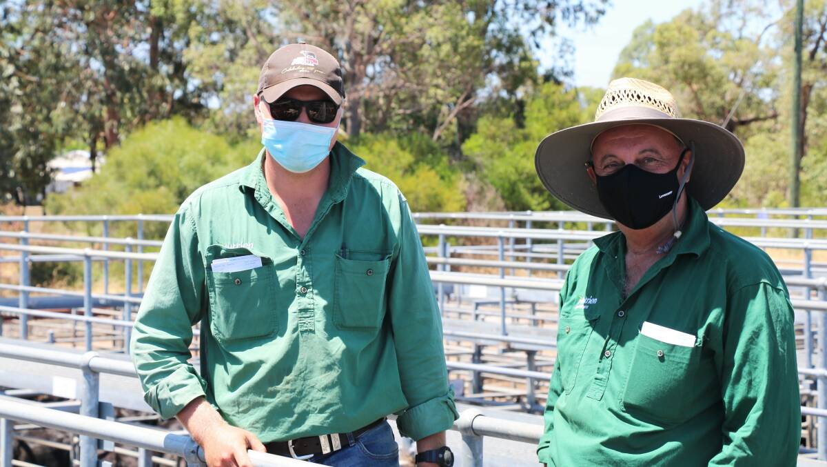 Nutrien Livestock, Manjimup, representative Laurence Payne (left) with Nutrien Livestock, Harvey, representative Ralph Mosca at the sale where the buying gallery was very light on compared to normal due to the COVID-19 lockdown.