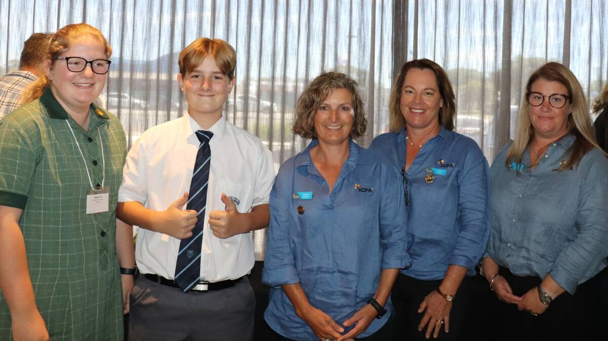  St Brigids year 11 student Madison Hall (left), Mazenod College year 9 student Lachie Hall, ICPA State councillor Chandra Ridley, ICPA State councillor Naomi Obst and ICPA State Council secretary Kym Burns.