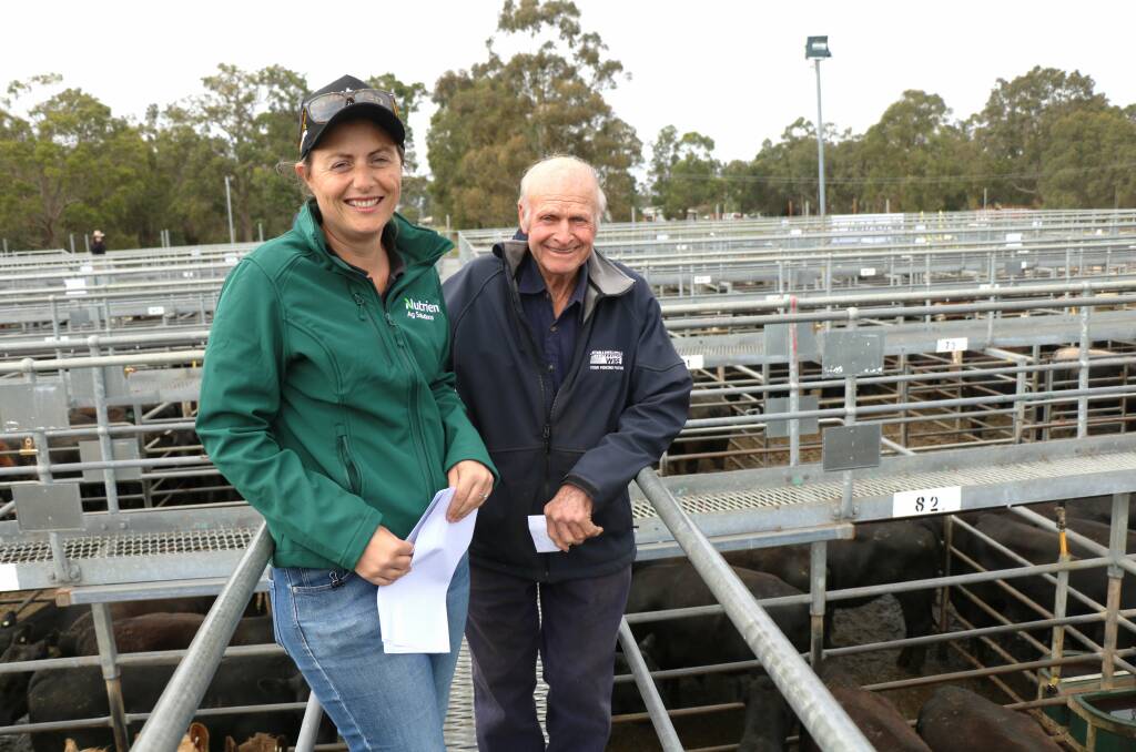 Lyndsay Flemming, Nutrien Livestock, Brunswick, with client Tom Hoddle, Collie, at the Nutrien Livestock store cattle sale at Boyanup last week where Mr Hoddle sold several pens of cattle topping at $1121.