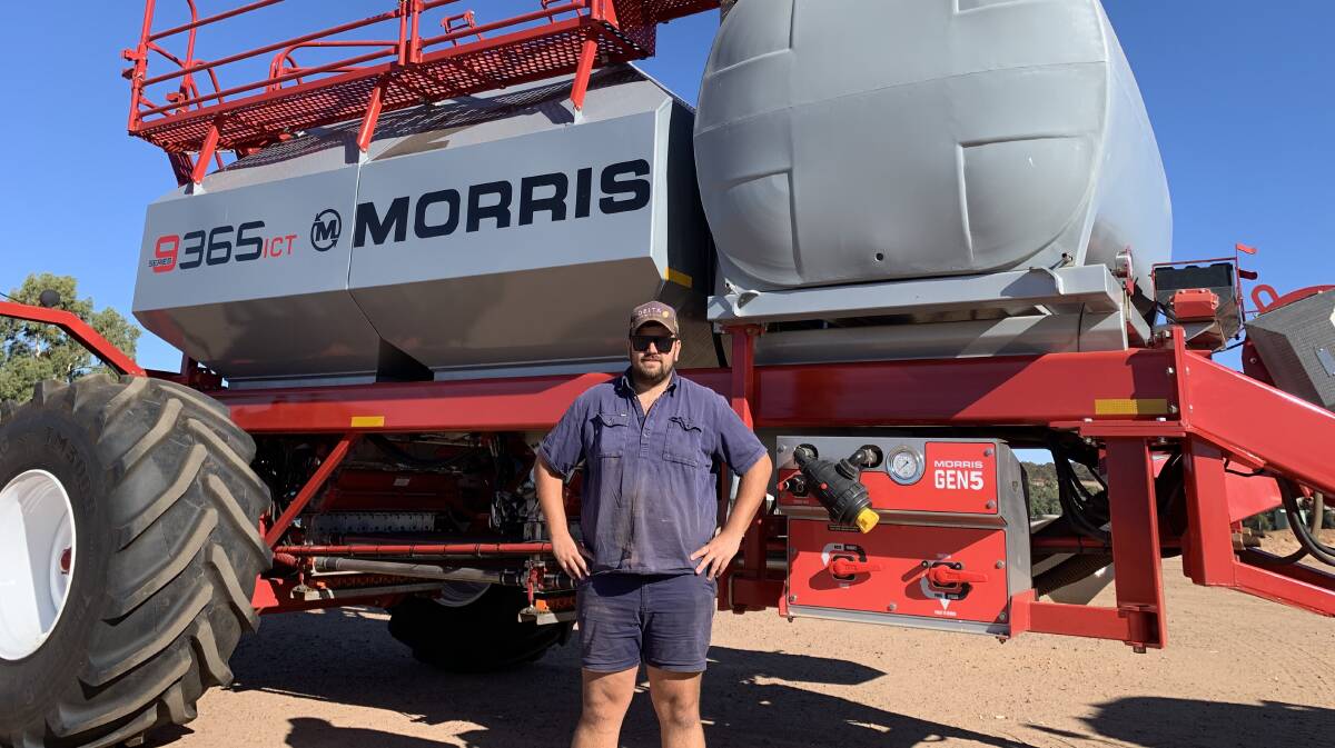 WA grower Curtis Guthrie, Bolgart, pictured with his Morris 9365 tow between air cart, says section control technology with the system has helped reduce overlap in some paddocks from about 10 per cent down to only 1.5pc. He expects a quick return on the investment in the technology and says he is unlikely to purchase another air cart without it.