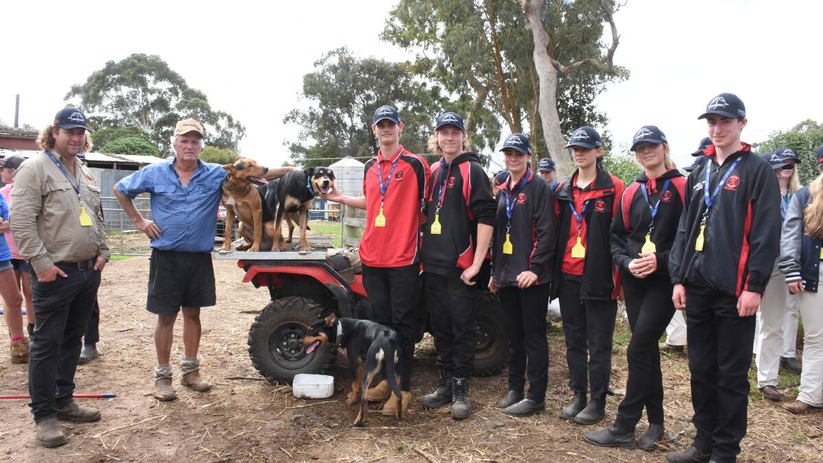 South Australian dog trainer and livestock educator Neil McDonald (second left), with his team of working dogs provided tips on training dogs and working stock. He discussed the finer points with Mount Barker Community College farm manager Jay Rowles (left) and students Alex Skinner, Cameron Walsh, Ebony Wallinger, Siobhan De Pledge, Paris Wallinger and Callum Bunker.