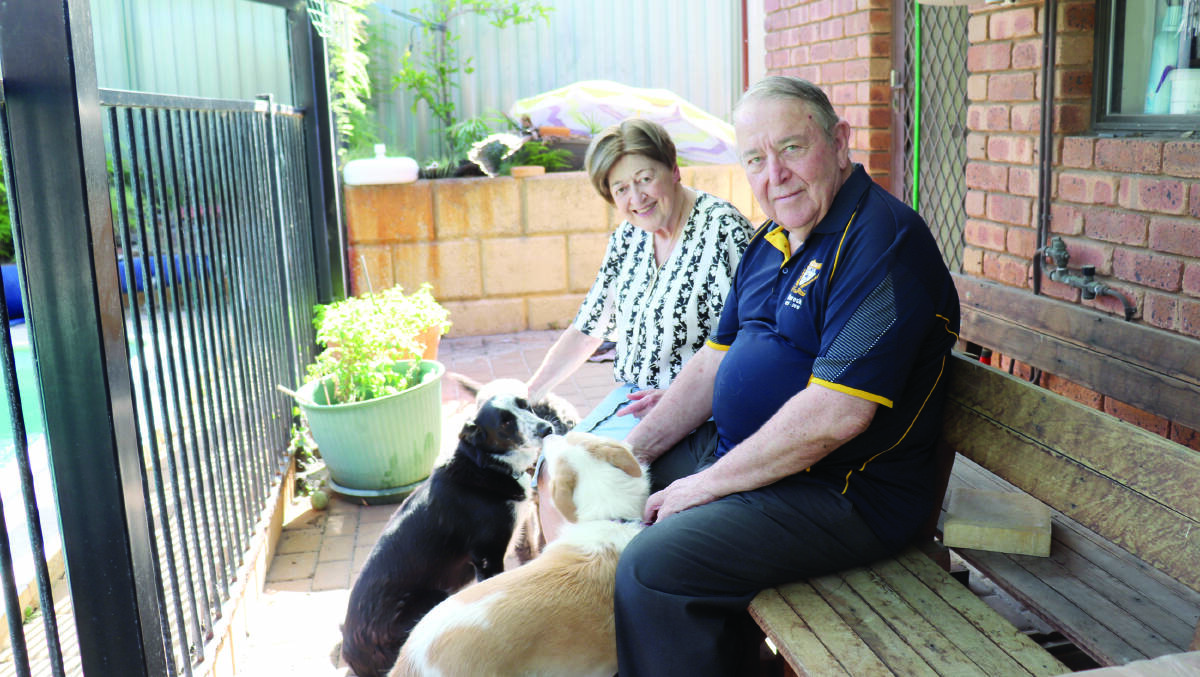 Veterinarians and educators Dr Ian Fairnie, who was appointed a Member of the Order of Australia (AM) in the Australia Day Honours and wife Helen, who received her AM three years ago, with grand-dog Ruby and their own border collies Davy and Minnie.