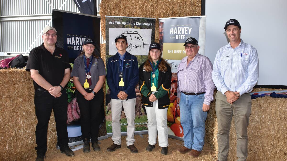 Bendigo Bank Albany branch manager Gavin Boardley (left), Gate 2 Plate Challenge president Wayne Mitchell, Coles WA livestock manager Campbell Nettleton, congratulated WA College of Agriculture students Sarah Beckman (second left), Narrogin, Jesse Oldfield, Denmark and Georgia Buchanan, Harvey, who finished third, second and first respectively in the animal welfare quiz.