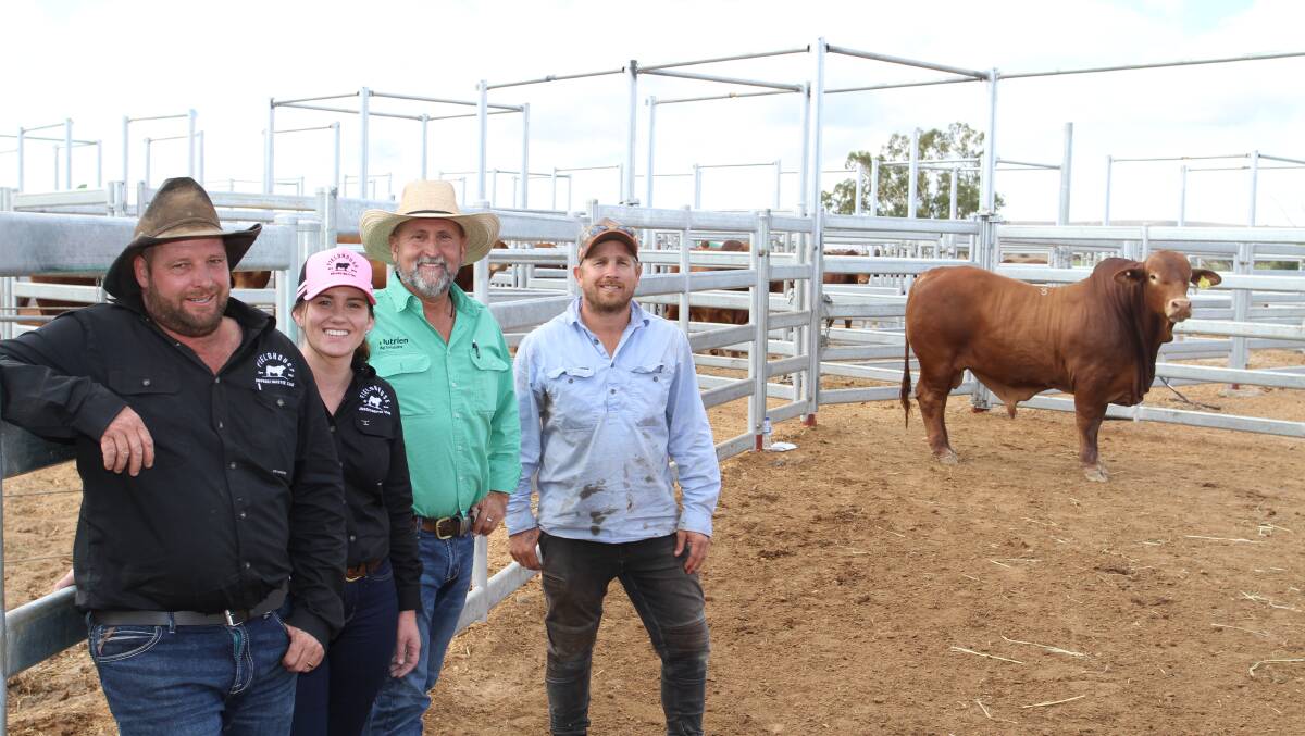 With the $30,000 second top-priced bull Fieldhouse BC7#44 (PP) (by Glenlands J Voltage) were Fieldhouse stud co-principals Ben and Kerryn Mutton, Wickepin/Jurien Bay, Nutrien Livestock, Mid West/Murchison agent Craig Walker and buyer Lewis Harvey, Meeberrie station, Murchison.