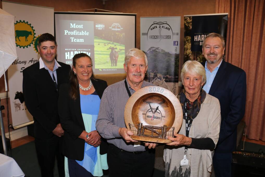 This year's Harvey Beef Gate 2 Plate Challenge winners Kevin and Sue Nettleton (centre), Unison Limousin stud, Boyanup, have been supporters of the challenge since year one and like it because of the factual feedback it provides across all sectors of the industry. They were congratulated on winning this year's challenge at the presentations in July by Harvey Beef Gate 2 Plate Challenge president Jarrod Carroll (left), challenge co-ordinator Sheena Smith and Harvest Road general manager agriculture Kim McDougall.