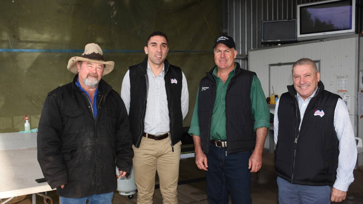 Geoff McLarty (left), Pinjarra, with Western Meat Packers livestock specialist Anthony Morabito, Nutrien Livestock Waroona agent Richard Pollock and Western Meat Packers export sales manager Lui Rinaldi at the field day. Both Mr Morabito and Mr Rinaldi were speakers during the event.