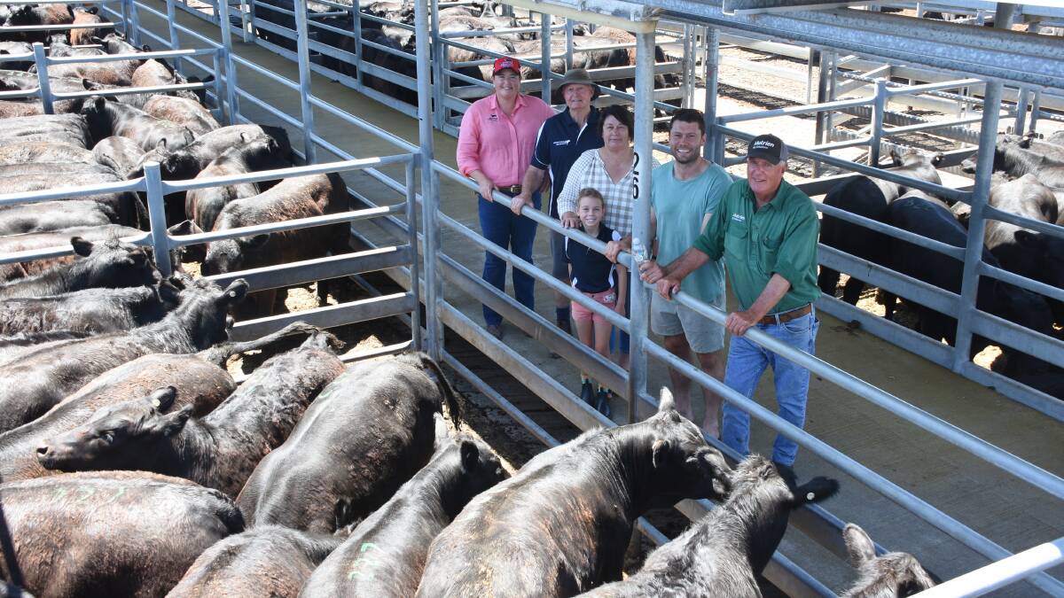 The Bairstow family, Arizona Farms, Lake Grace, was the biggest vendor in the sale, selling 487 steers across 27 lots from 442c/kg up to the sales top cents per kilogram price of 516c/kg to see returns between $1608 and $1879. With a run of their steers were Angus Australia commercial supply chain manager Liz Pearson (left), Noel, Karen and Luke Bairstow and Lukes daughter Eva and Nutrien Livestock Great Southern manager Bob Pumphrey.