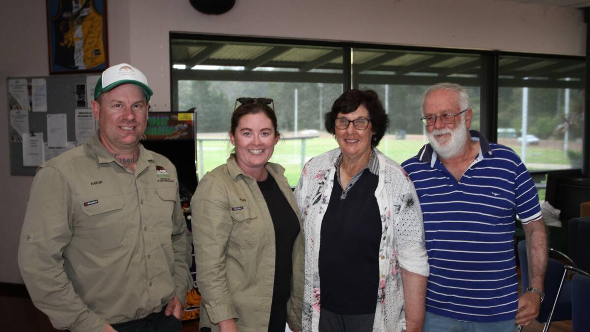 Aaron (left) and Rickie-Lee Bannister, Westcountry Trading Company, Argyle (via Donnybrook) chatted with sale vendors Susan and Glen Mead, GR & SL Mead, Chowerup (via Boyup Brook).