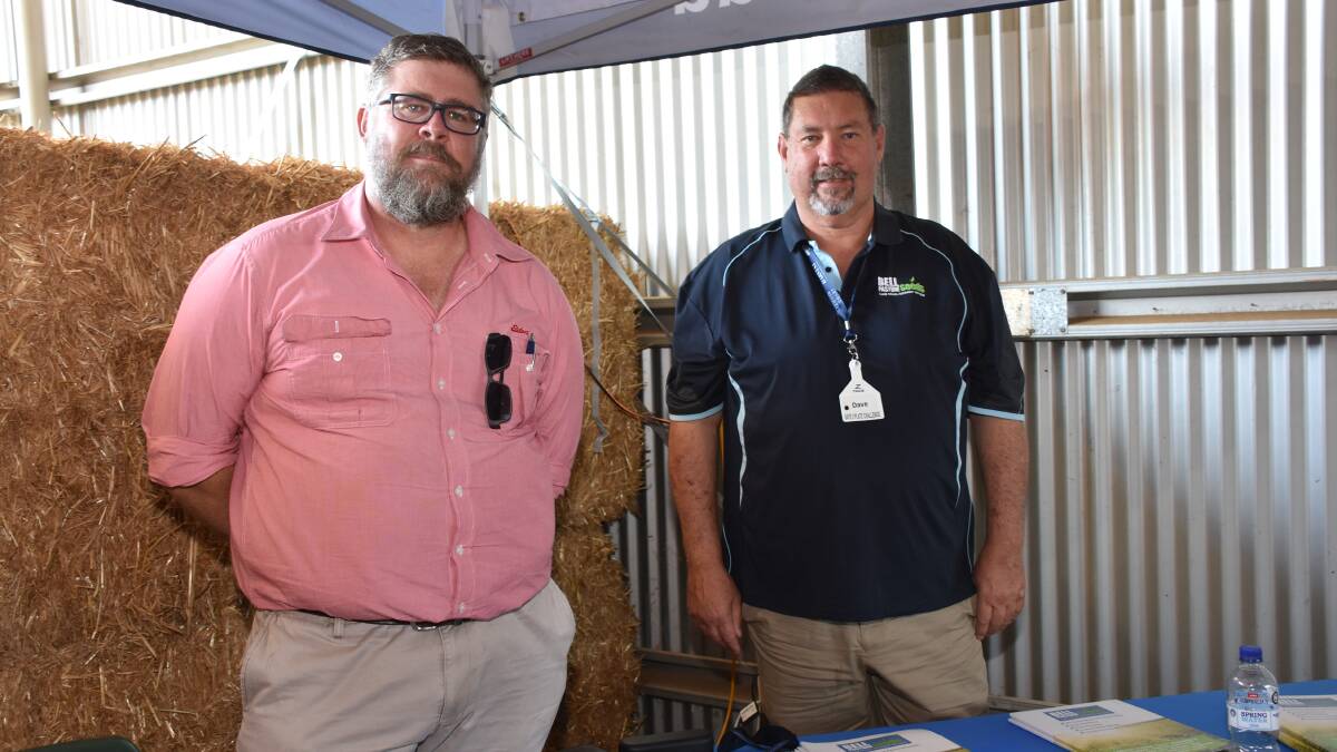 Elders, Albany agronomist James Bee (left), discussed pastures with Bell Pasture Seeds sales representative Dave Edwards. Mr Edwards was a speaker on the day and discussed what his company has to offer and availability of seed this season.