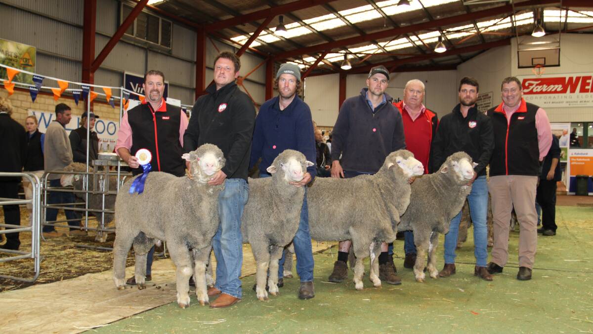 The Elders Expo Four shorn after April 20 class was won by the Mianelup stud, Gnowangerup. With the group of Poll Merino rams were Nathan King (left), Elders stud stock, Mianelup stud principal Elliot Richardson, Jarrad Beech, Tenterden, Brenton Addis, Gnowangerup, Kevin Broad, Elders stud stock, Josh Leppens, Mianelup stud and Tim Spicer, Elders stud stock manager.