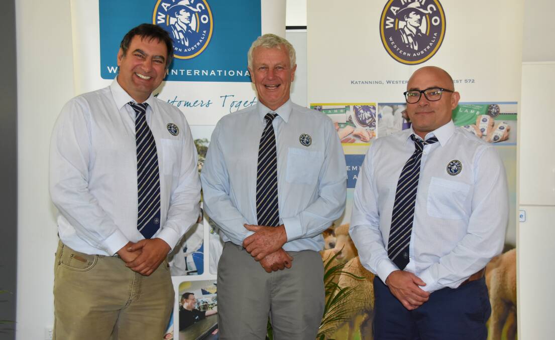 WAMMCO chairman Craig Heggaton (centre) with re-elected member director Brad Ipsen (left), Manjimup and newly-elected independent director Mark Lucas after last week's WAMMCO International annual general meeting at Katanning.