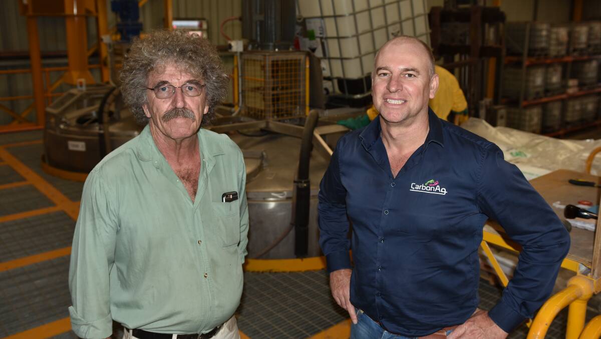 Peter Keating (left), Bioscience and Brad Wisewould, Advanced Agricultural Systems (AAS) and Carbon Ag, during an update on the manufacturing of some of the AAS liquid products.