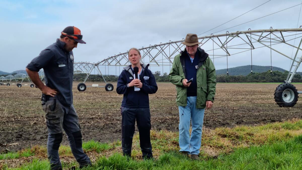 Farm host Kim Lester (left) with Manypeaks vet Jess Shilling and WALRC chairman Tim Watts discuss transitioning cattle to feed under a centre pivot which is now a key part of the Lester farm system.