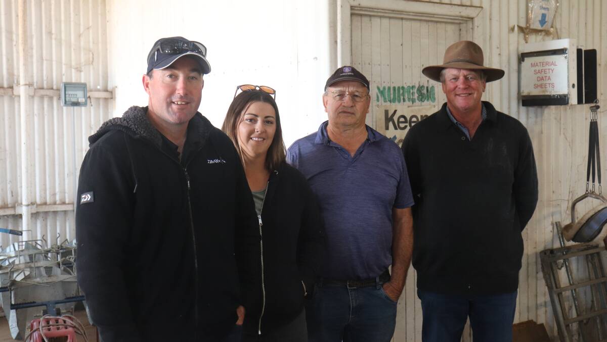 Dave (left) and Lizzy Davis, David Collard, Northam, with Muresk site sire evaluation chairman and Ejanding stud principal Brett Jones at the Muresk Institute.