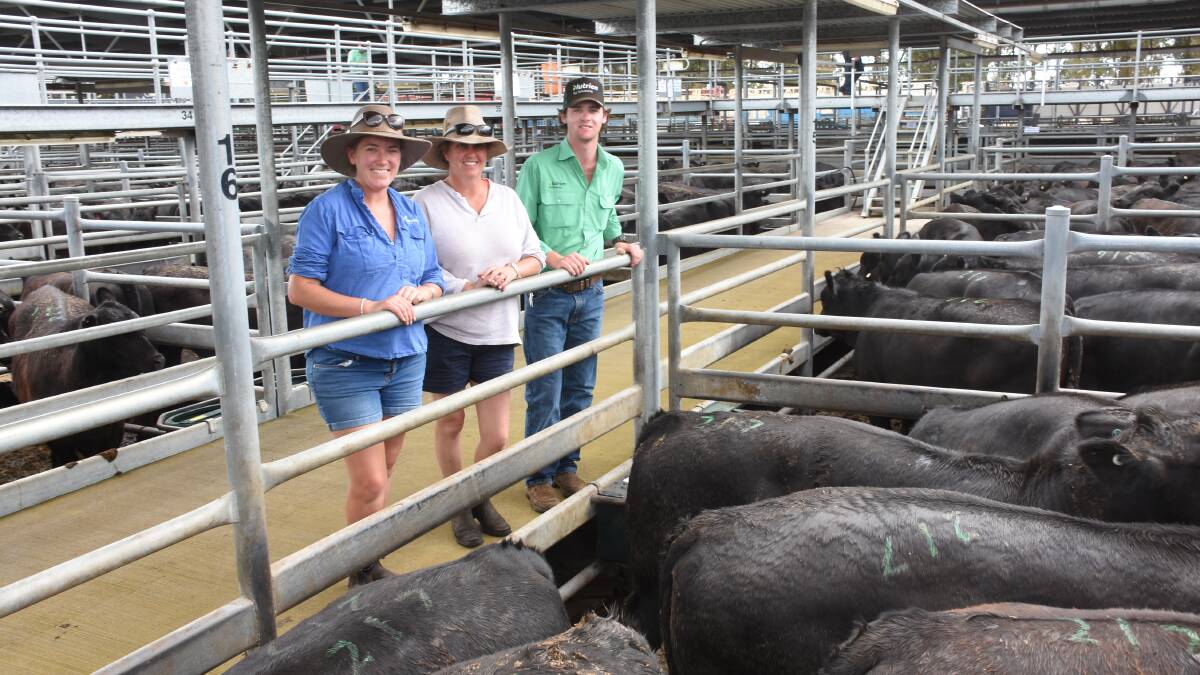 Longtime vendors the Blyth family, MJ Blyth & Co, Manypeaks, sold 167 steers and 20 heifers in the sale. With their top-priced pen of steers that weighed 443kg and sold for $1958 were Bianca (left) and Rebecca Blyth, along with Nutrien Livestock trainee Harry Hardey.