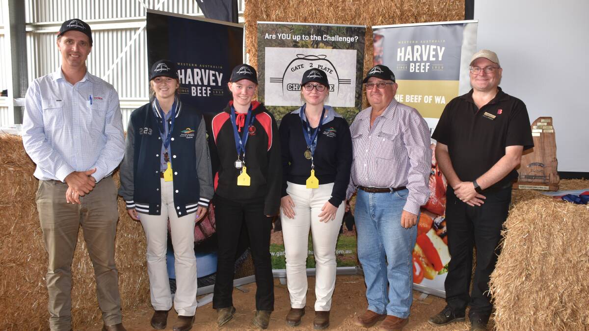 Placegetters in the all topics quiz were third Yasmine Pages (second left), WA College of Agriculture, Denmark, second Libby Morris, Mount Barker Community College and first Samantha Wimpenny, WA College of Agriculture, Denmark. They were congratulated on their placings by Coles WA livestock manager Campbell Nettleton (left), Gate 2 Plate Challenge president Wayne Mitchell and Bendigo Bank Albany branch manager Gavin Boardley.