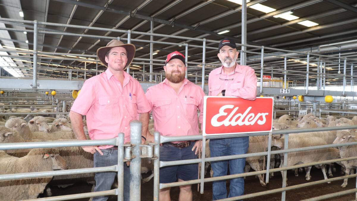 Recently appointed Elders Darkan territory sales manager Jay Macdonald (centre) with Elders Mid West agent Greg Wootton (left) and Elders State livestock and wool manager Dean Hubbard.