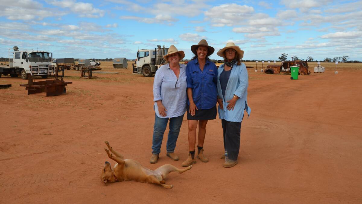 Vendor sisters Kim Nancarrow (left), Penny Arrow and Judi Arrow with show-off dog Ginger after the clearing sale on Marlow, the familys 7328 hectare property near Mollerin Rock which is expected to be partly leased out. The sisters and their brother Stephen, who did not attend the sale, are the third generation of Arrows on the property.