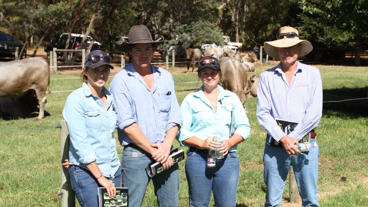 Chloe Grainger (left), Nick Forrester, Devyn Wills and Mark Forrester, Kanandah station, Goldfields and Esperance, were the sales volume buyers with six Murray Grey bulls and an Angus bull, costing from $6000 to $15,000.