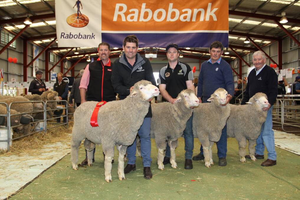 The Wiringa Park stud, Nyabing, placed second in the Elders Expo Four shorn after April 20 class. With the group of Poll Merino rams were Nathan King (left), Elders stud stock, Wiringa Park stud principal Allan Hobley, Corey Nelson, Nyabing, Bruce Pengilly, Esperance and Philip Russell, Katanning.