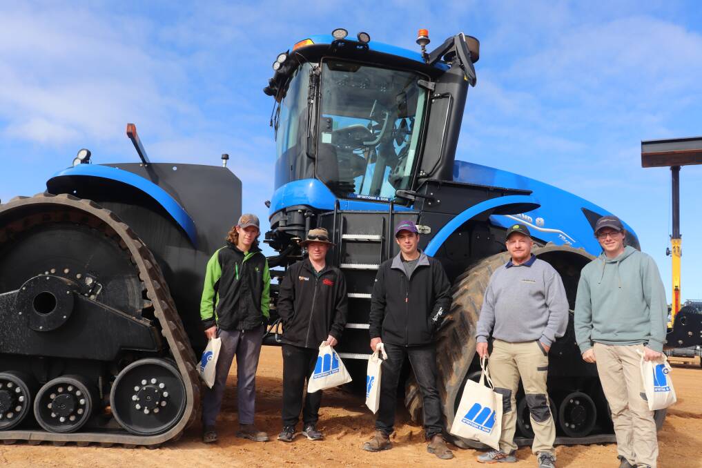 Craig Spark (left), Michael Bowron, Ben Graham, Nick Spark, all from Bonnie Rock, and Chris Hollett from Busselton, who is working on the Spark family farm at Bonnie Rock.