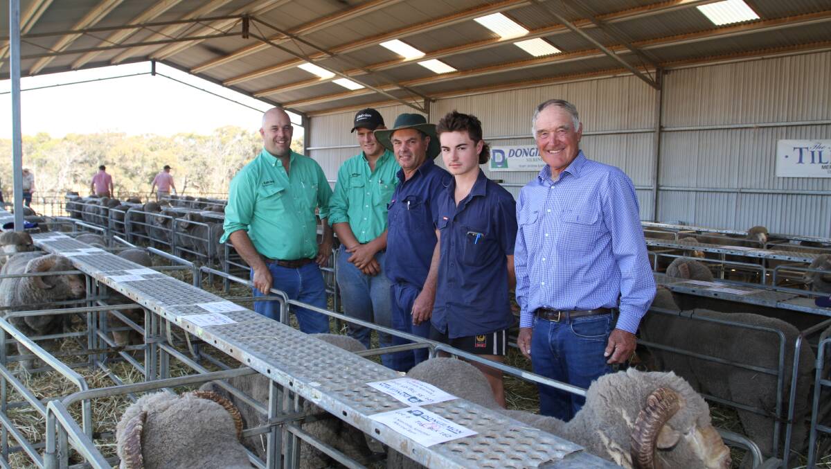 Nutrien Livestock Williams agent Ben Kealy (left), Nutrien Livestock trainee Lewis Payne, buyers Gary and Tim Abbott, GJ & RE Abbott, Duranillin and Dongiemon stud co-principal Stuart Rintoul, Williams, at the 26th annual Dongiemon and Tilba Tilba studs' on-property ram sale. The Abbotts were the sale's volume buyers with 16 Dongiemon rams costing from $1200 to $2200.