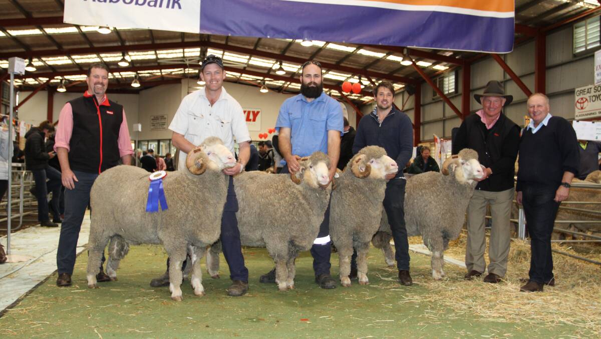  The Woodyarrup stud, Broomehill, won the Elders Expo Four shorn before April 20 class at this year's Rabobank WA Sheep Expo & Sale at Katanning last week. With the group of March shorn Merino rams were Nathan King (left), Elders stud stock, Woodyarrup stud connections Charlie Russell, David Storer, and Lachlan Dewar, Russell McKay, Elders stud stock and Craig Dewar, Woodyarrup stud.