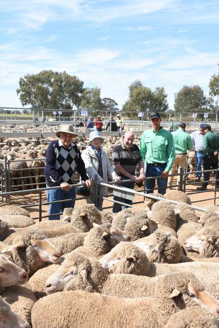 With the $248 top-priced line of ewes at the Wickepin leg of last weeks Nutrien Livestock two-day circuit sale were vendors Geoffrey (left) and Cathy Hodgson, Jefan Pty Ltd, Kulin, Don Thomson, Narrogin, who purchased the line for a Boyup Brook prime lamb producer and Nutrien Livestock, Wickepin/Kulin/Corrigin agent Ty Miller. The top-priced line consisted of 468 March shorn, Eastville blood, 1.5yo ewes.