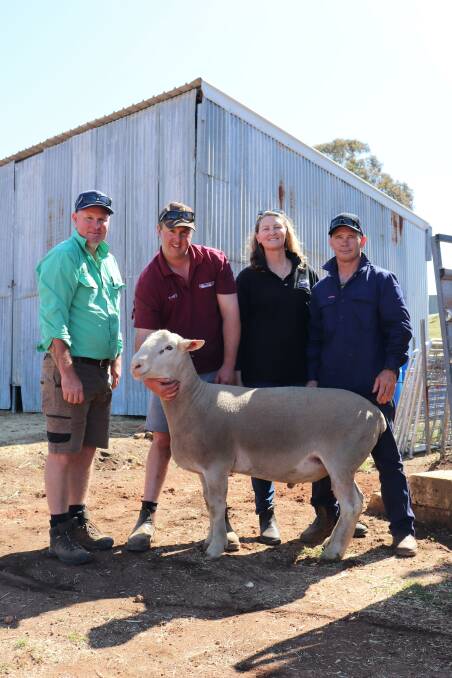 Chris Turton (left), Nutrien Brookton, Pingelly and Southdale White Suffolks stud principal Toby Blechynden with equal top-priced buyers at $1600, Julene and Jason Cronin, Katanning.