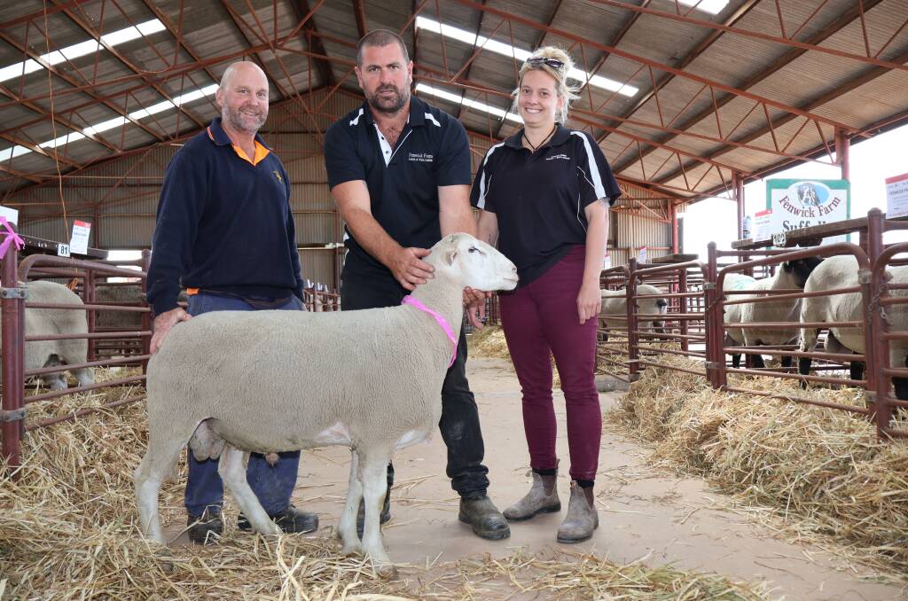 Buyer Lincoln Meade (left), Whaddon Farms, Calingiri and Fenwick Farms Corey and Krystal Glass, Calingiri, with the $1250 top-priced Fenwick Farm White Suffolk ram that was donated to the Shearing for Liz Pink Day campaign, with proceeds going to the Breast Cancer Research Centre WA.