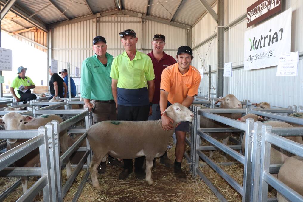 With the equal top-priced ram at Southdale stud this week at $1600 were Mark Warren (left) of Nutrien Livestock, buyer Shane Blechynden, Pingelly, Southdale principal Toby Blechynden and Henry Blechynden, of Pingelly.