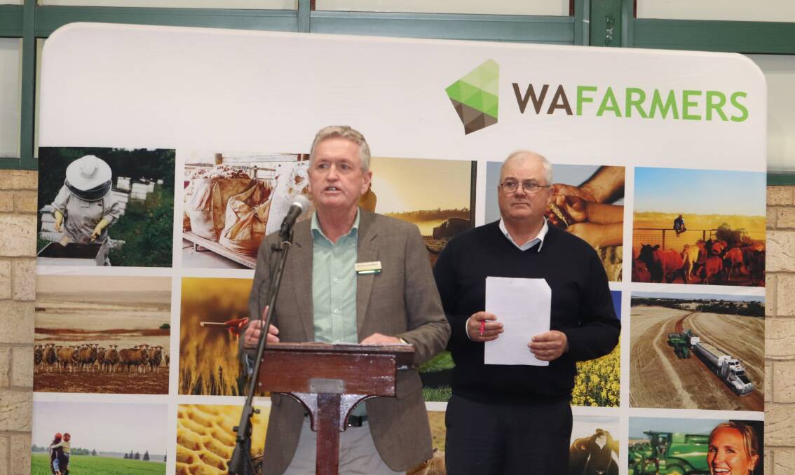 The Nationals WA Party Shane Love (left), with WAFarmers president John Hassell at the 'Let Farmers Keep Farming' meeting in Katanning on Monday.